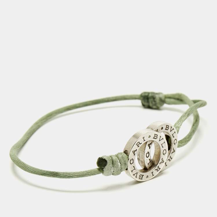 Pre Owned Bvlgari Fortuna Interlocking Circles Sterling Silver Green Cord Bracelet