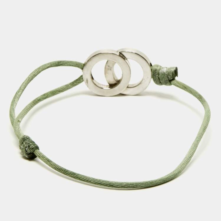 Pre Owned Bvlgari Fortuna Interlocking Circles Sterling Silver Green Cord Bracelet