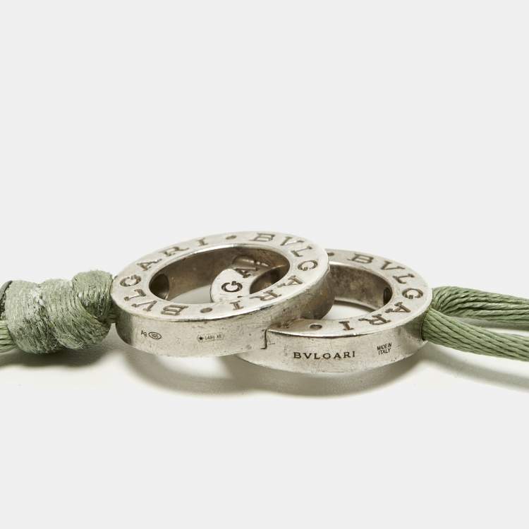 Pre Owned Bvlgari Fortuna Interlocking Circles Sterling Silver Green Cord Bracelet