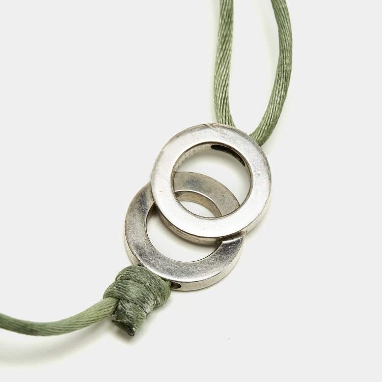 Pre Owned Bvlgari Fortuna Interlocking Circles Sterling Silver Green Cord Bracelet