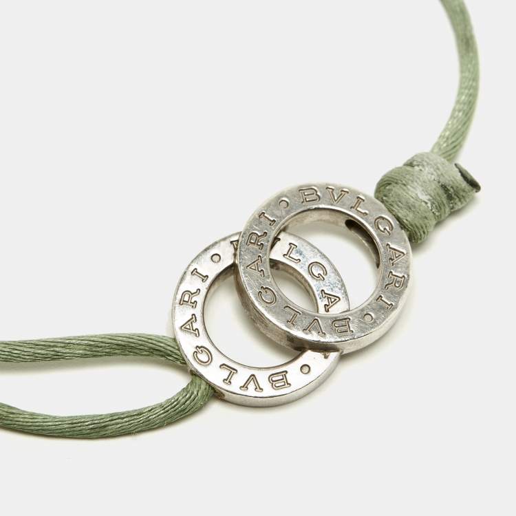 Pre Owned Bvlgari Fortuna Interlocking Circles Sterling Silver Green Cord Bracelet