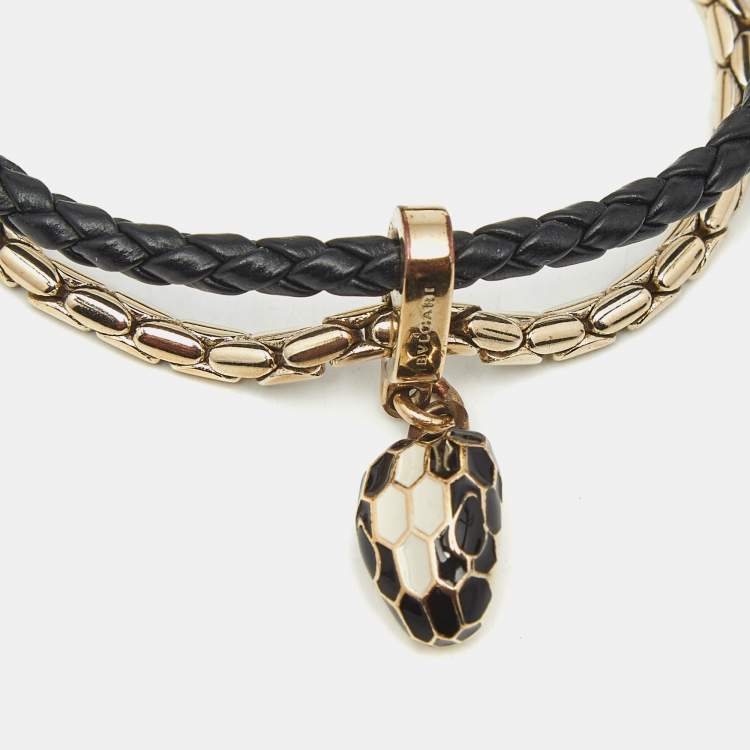 Pre Owned Bvlgari Serpenti Forever Gold Plated Brass and Braided Leather Bracelet