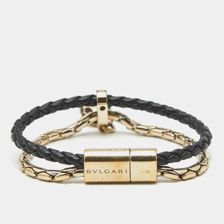 Pre Owned Bvlgari Serpenti Forever Gold Plated Brass and Braided Leather Bracelet