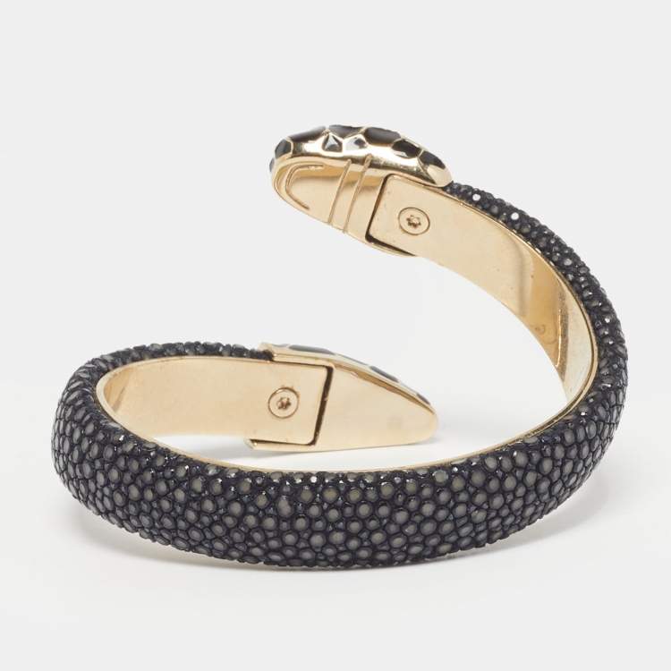 Pre Owned Bvlgari Serpenti Enamel Leather Gold Tone Open Cuff Bracelet