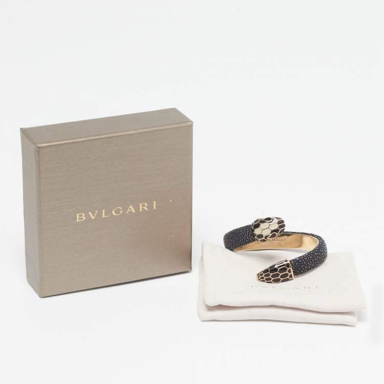 Pre Owned Bvlgari Serpenti Enamel Leather Gold Tone Open Cuff Bracelet