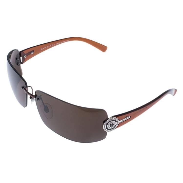 Pre Owned Bvlgari Brown Crystal Embellished 656-B Rimless Sunglasses