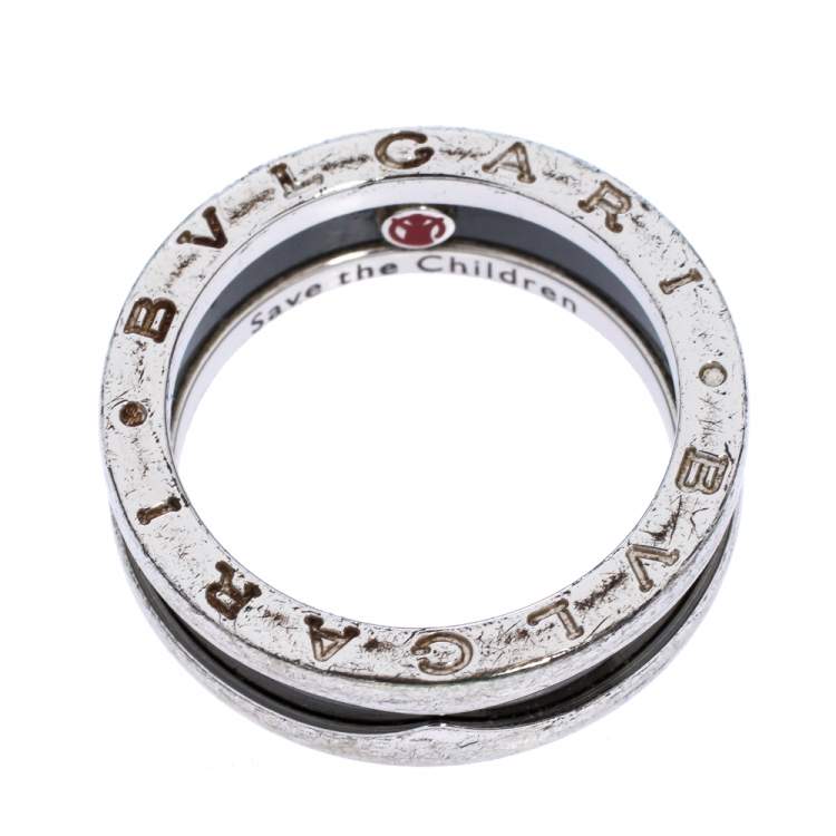 Pre Owned Bvlgari Save the Children Black Ceramic Silver 1-Band Ring Size 56
