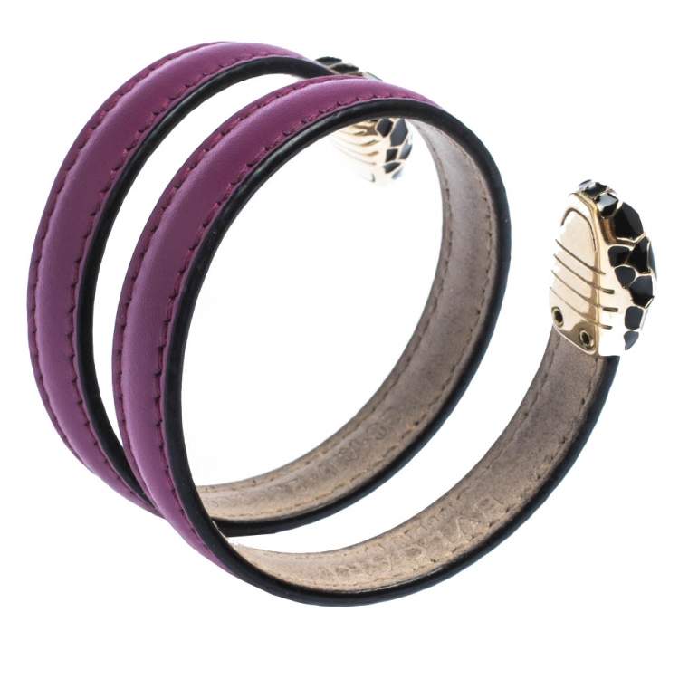 Pre Owned Bvlgari Serpenti Forever Enamel Purple Leather Wrap Bracelet