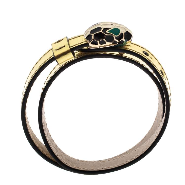 Pre Owned Bvlgari Serpenti Forever Enamel Metallic Leather Gold Plated Double Coiled Bracelet