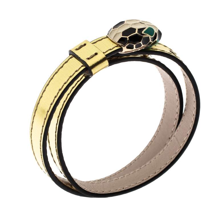 Pre Owned Bvlgari Serpenti Forever Enamel Metallic Leather Gold Plated Double Coiled Bracelet