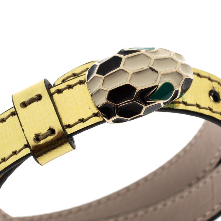 Pre Owned Bvlgari Serpenti Forever Enamel Metallic Leather Gold Plated Double Coiled Bracelet