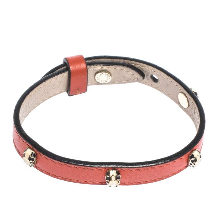 Pre Owned Bvlgari Serpenti Enamel Stud Embellished Red Leather Bracelet