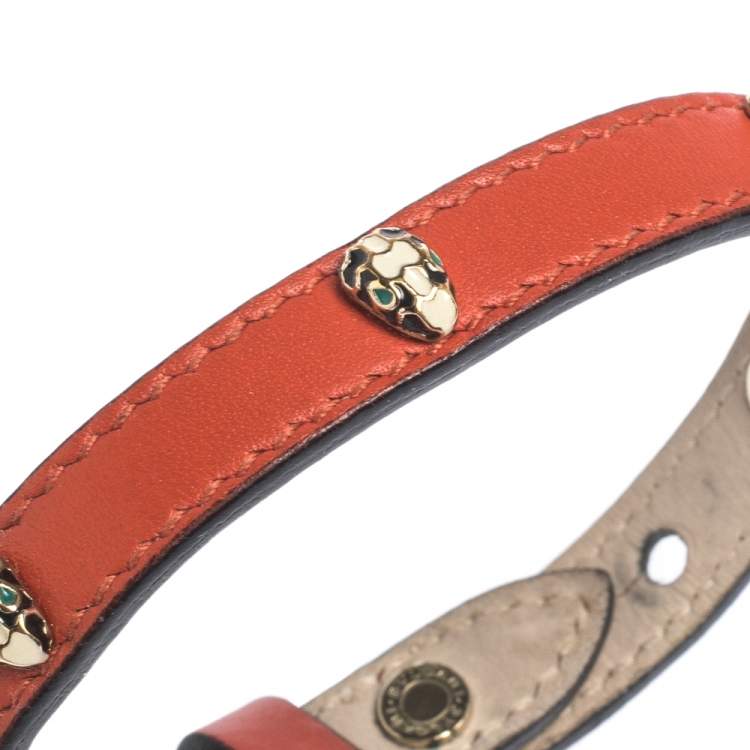 Pre Owned Bvlgari Serpenti Enamel Stud Embellished Red Leather Bracelet