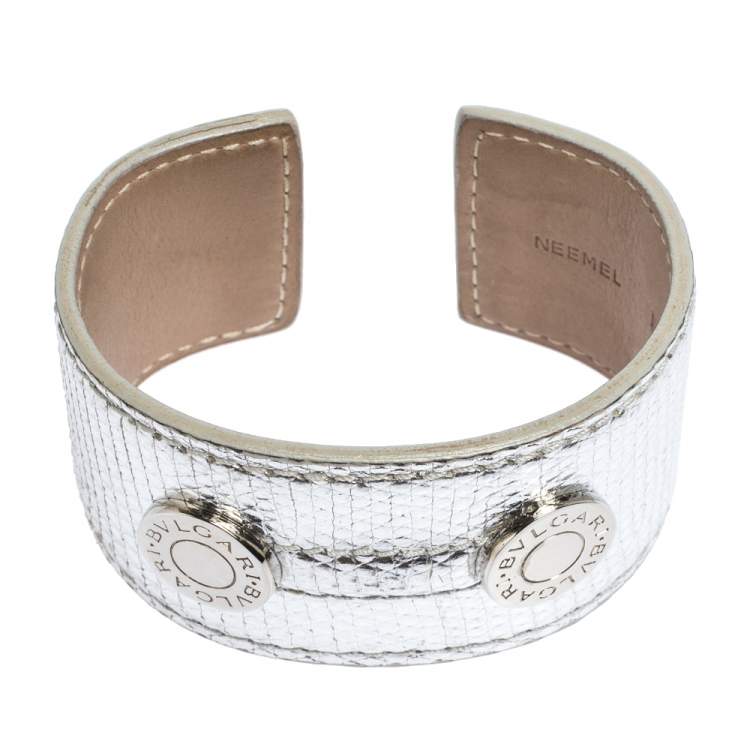 Pre Owned Bvlgari Metallic Silver Karung Leather Silver Tone Wide Cuff Bracelet