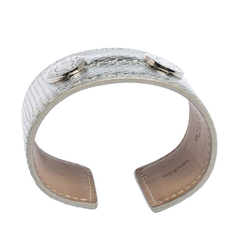 Pre Owned Bvlgari Metallic Silver Karung Leather Silver Tone Wide Cuff Bracelet