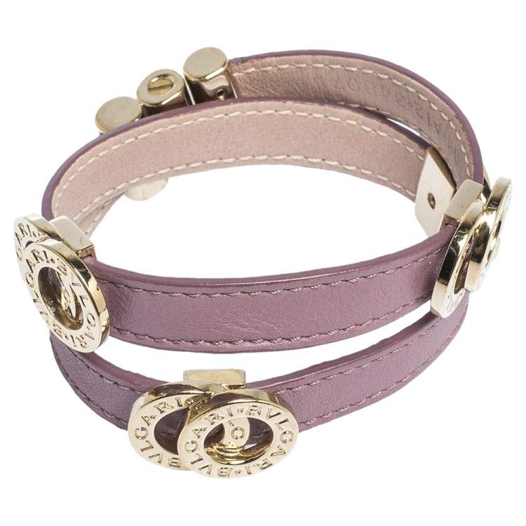 Pre Owned Bvlgari Lavender Leather Gold Tone Double Coiled Bracelet