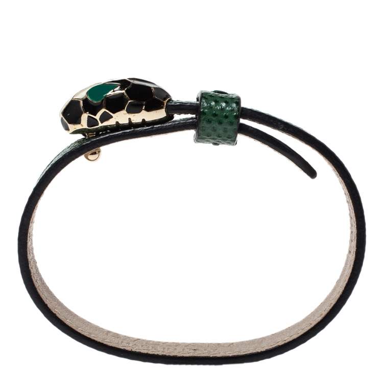 Pre Owned Bvlgari Green Leather Enamel Serpenti Forever Bracelet