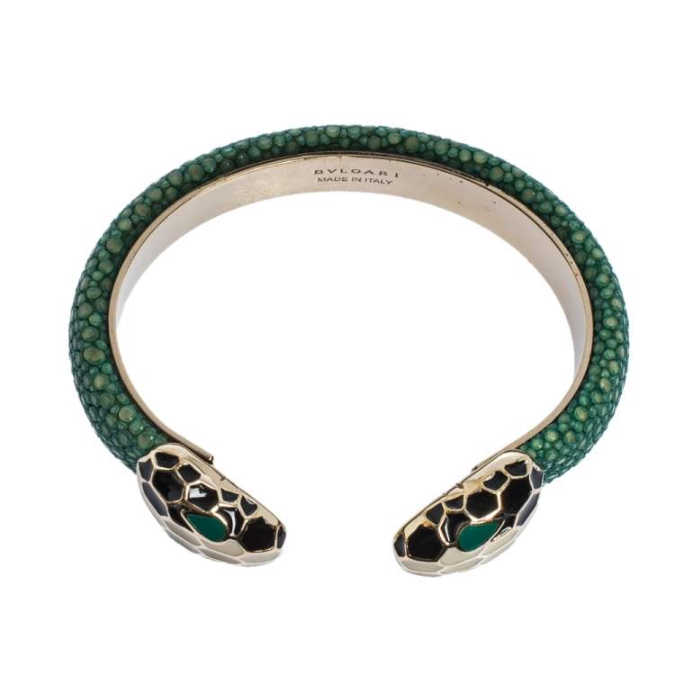 Pre Owned Bvlgari Serpenti Forever Enamel & Galuchat Leather Gold Plated Open Cuff Bracelet 