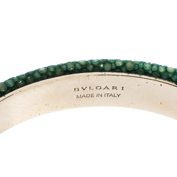 Pre Owned Bvlgari Serpenti Forever Enamel & Galuchat Leather Gold Plated Open Cuff Bracelet 