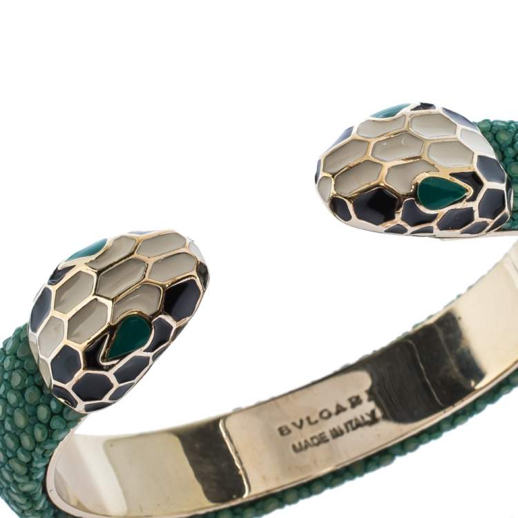 Pre Owned Bvlgari Serpenti Forever Enamel & Galuchat Leather Gold Plated Open Cuff Bracelet 