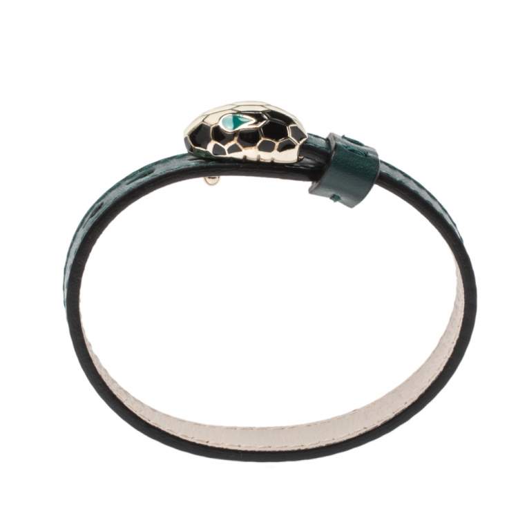 Pre Owned Bvlgari Serpenti Forever Emerald Green Leather Bracelet