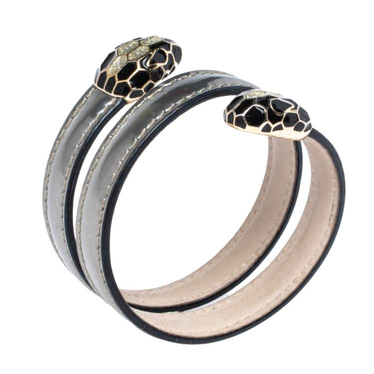 Pre Owned Bvlgari Serpenti Forever Metallic Silver Leather Multi Coiled Cleopatra Bracelet