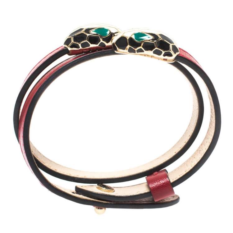 Pre Owned Bvlgari Dark Red Serpenti Forever Double Tour Leather Bracelet