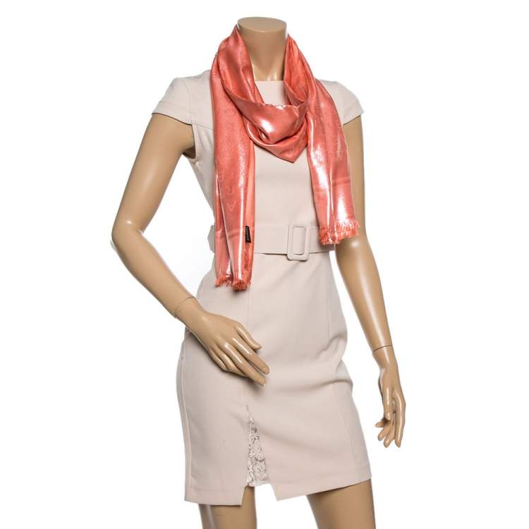 Pre Owned Bvlgari Metallic Coral Silk Lettere Maxi Logomania Stole