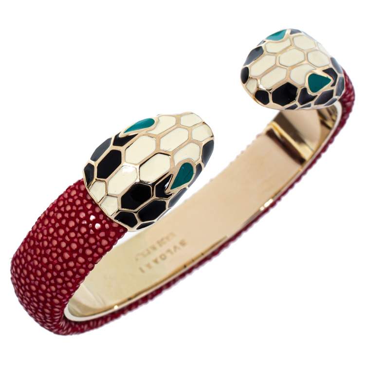 Pre Owned Bvlgari Serpenti Forever Red Galuchat Leather Open Cuff Bracelet