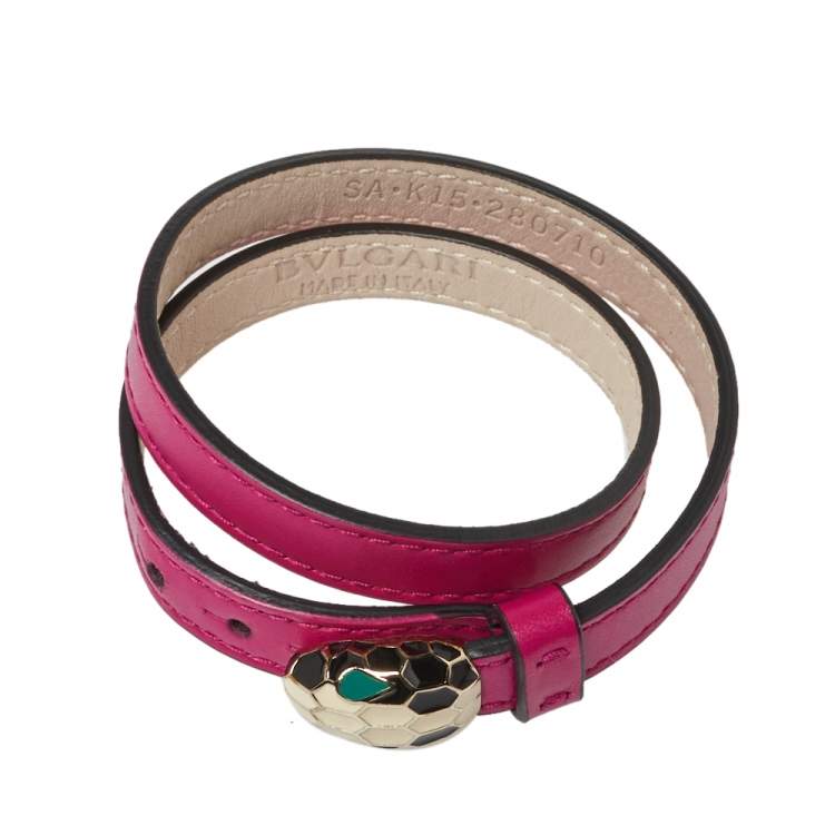 Pre Owned Bvlgari Serpenti Forever Pink Leather Enamel Double Coiled Bracelet
