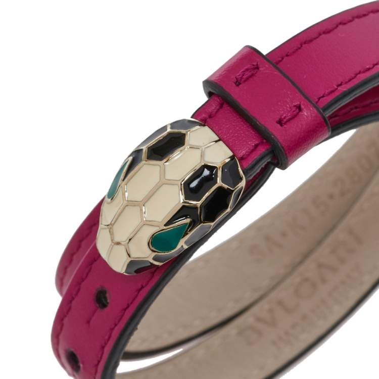Pre Owned Bvlgari Serpenti Forever Pink Leather Enamel Double Coiled Bracelet