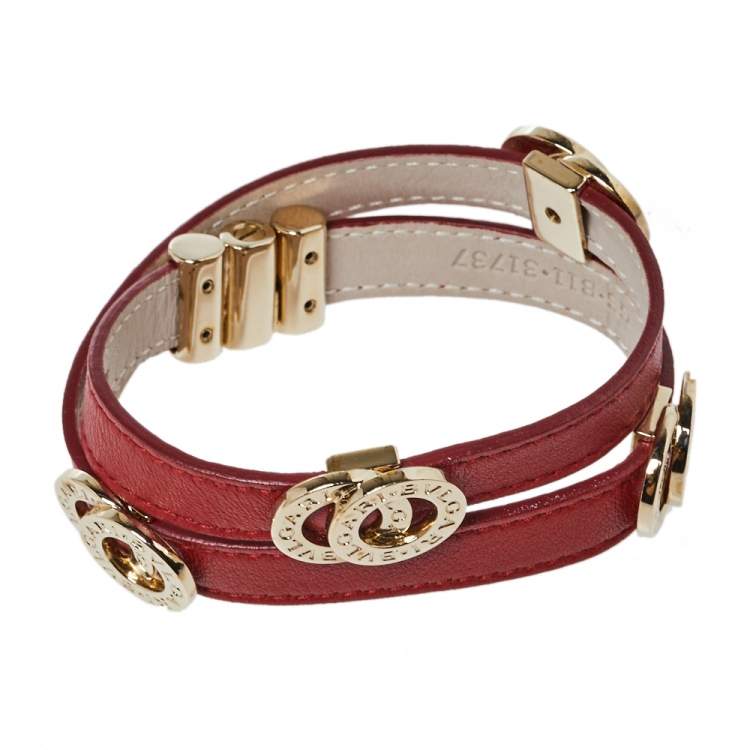 Pre Owned Bvlgari Bvlgari Red Leather Gold Plated Double Coiled Bracelet