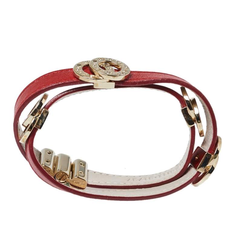 Pre Owned Bvlgari Bvlgari Red Leather Gold Plated Double Coiled Bracelet