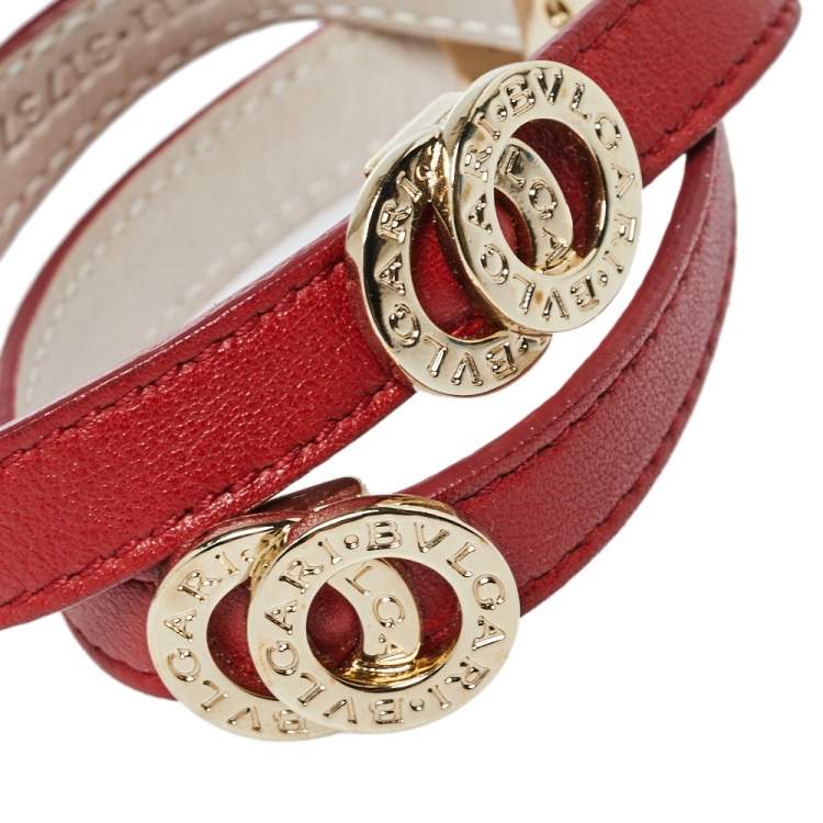 Pre Owned Bvlgari Bvlgari Red Leather Gold Plated Double Coiled Bracelet