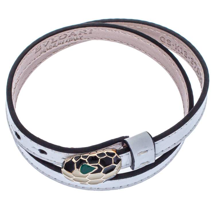 Pre Owned Bvlgari White Leather Serpenti Forever Double Coiled Bracelet