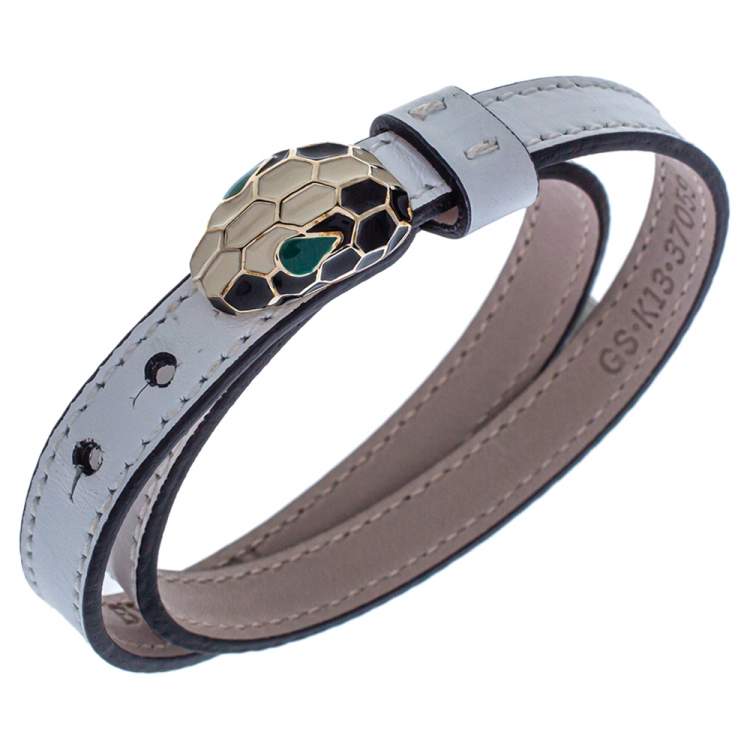 Pre Owned Bvlgari White Leather Serpenti Forever Double Coiled Bracelet