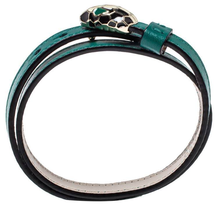 Pre Owned Bvlgari Serpenti Forever Green Leather Double Wrap Bracelet