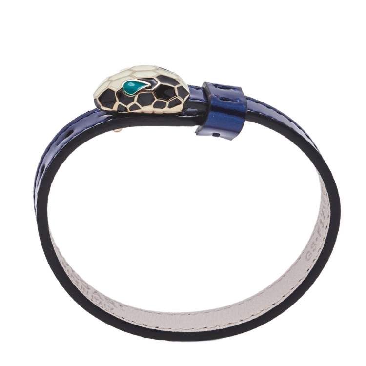 Pre Owned Bvlgari Metallic Blue Leather Serpenti Forever Bracelet