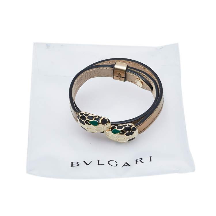 Pre Owned Bvlgari Serpenti Forever Metallic Gold Double Coiled Leather Gold Tone Bracelet