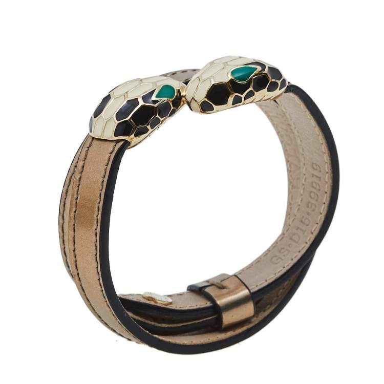 Pre Owned Bvlgari Serpenti Forever Metallic Gold Double Coiled Leather Gold Tone Bracelet