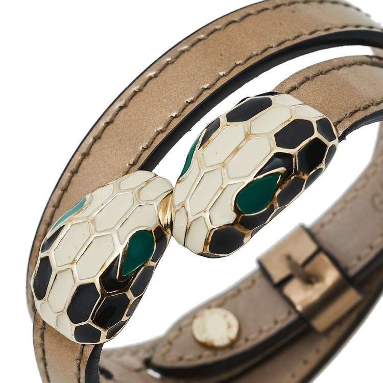 Pre Owned Bvlgari Serpenti Forever Metallic Gold Double Coiled Leather Gold Tone Bracelet