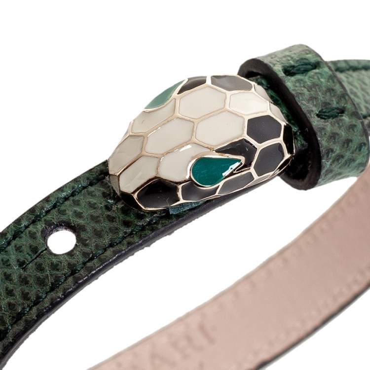 Pre Owned Bvlgari Green Karung Leather Serpenti Bracelet