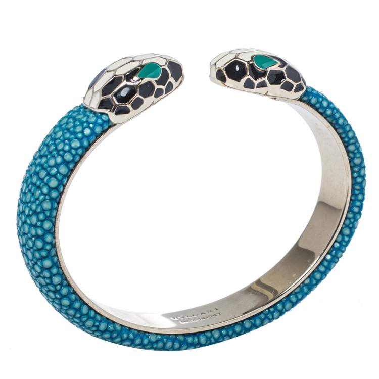 Pre Owned Bvlgari Blue Galuchat Leather Serpenti Forever Open Cuff Bracelet 