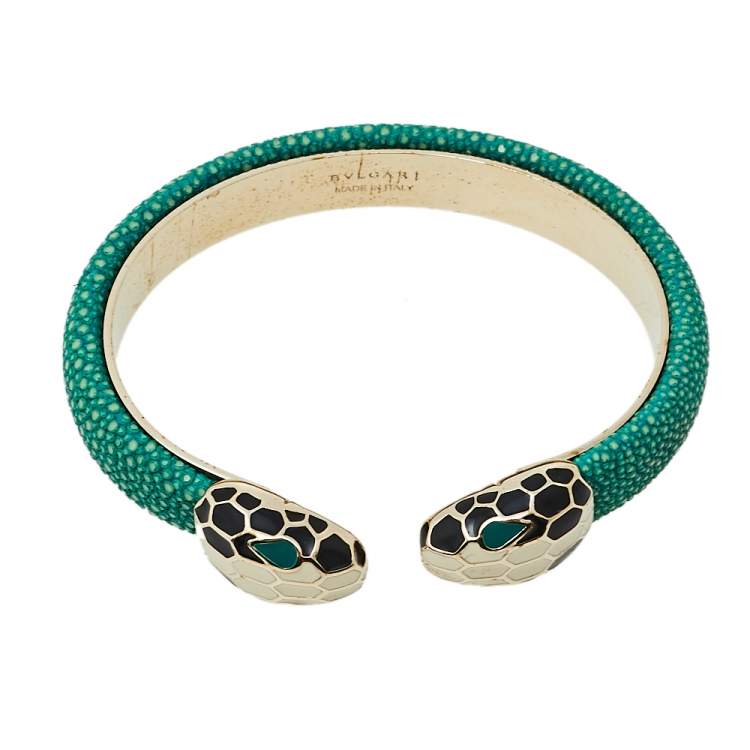 Pre Owned Bvlgari Serpenti Forever Green Galuchat Leather Gold Plated Open Cuff Bracelet