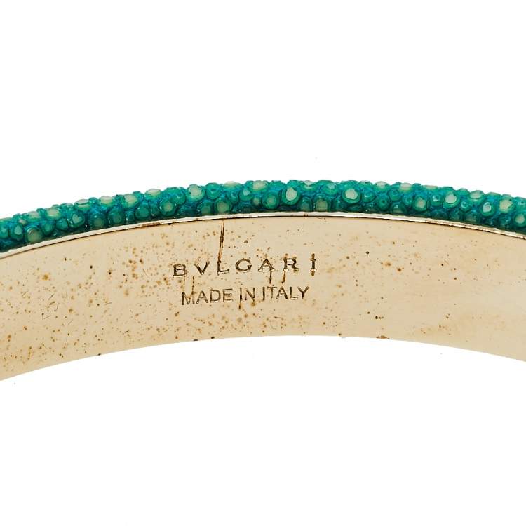 Pre Owned Bvlgari Serpenti Forever Green Galuchat Leather Gold Plated Open Cuff Bracelet