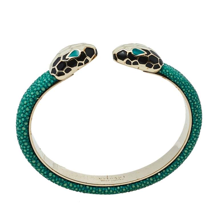 Pre Owned Bvlgari Serpenti Forever Green Galuchat Leather Gold Plated Open Cuff Bracelet