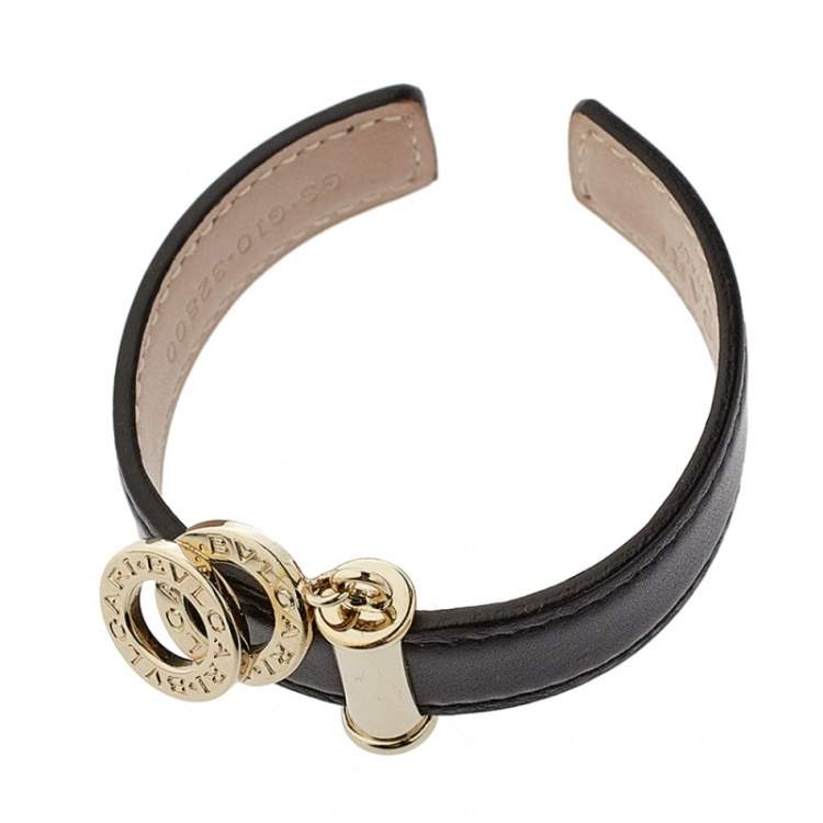 Pre Owned Bvlgari Black Leather Interlocking Circles Charm Open Cuff Bracelet