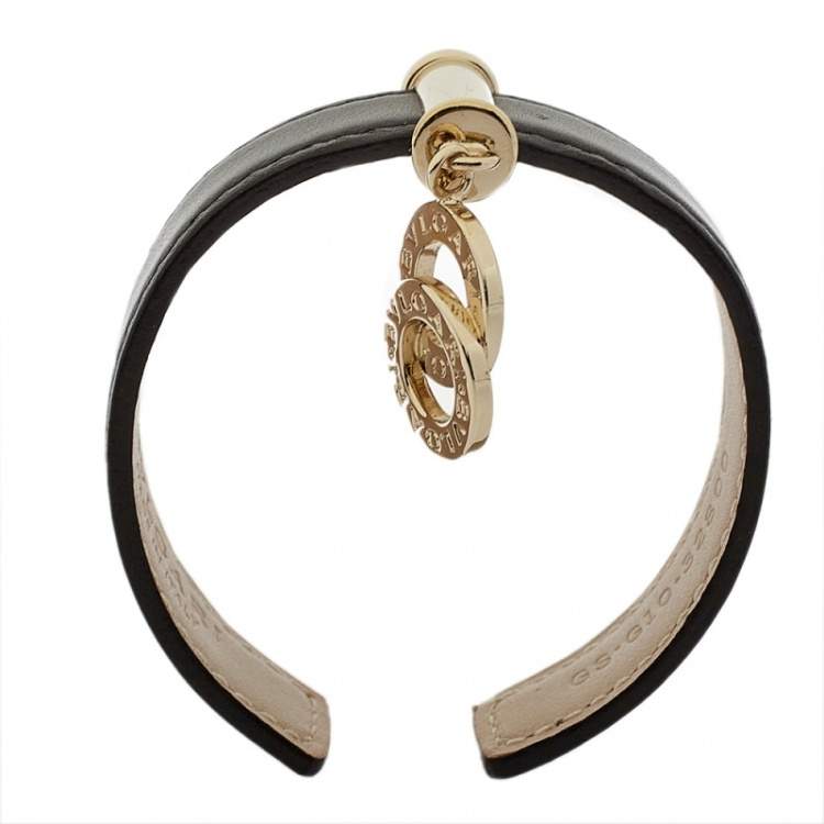 Pre Owned Bvlgari Black Leather Interlocking Circles Charm Open Cuff Bracelet