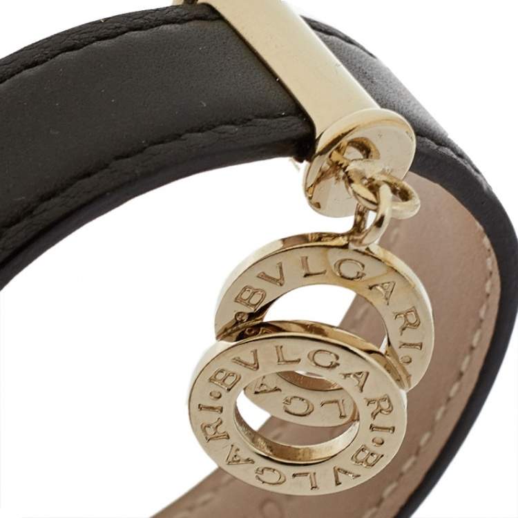 Pre Owned Bvlgari Black Leather Interlocking Circles Charm Open Cuff Bracelet