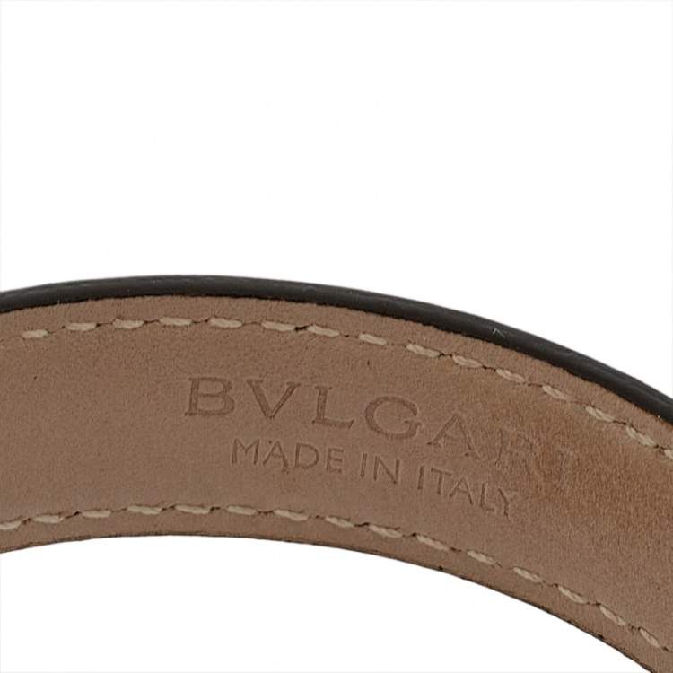 Pre Owned Bvlgari Black Leather Interlocking Circles Charm Open Cuff Bracelet